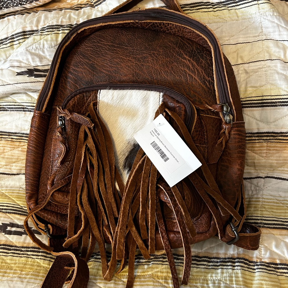 NWT American Darling Genuine Leather Brown Backpack with Cowhide Detail